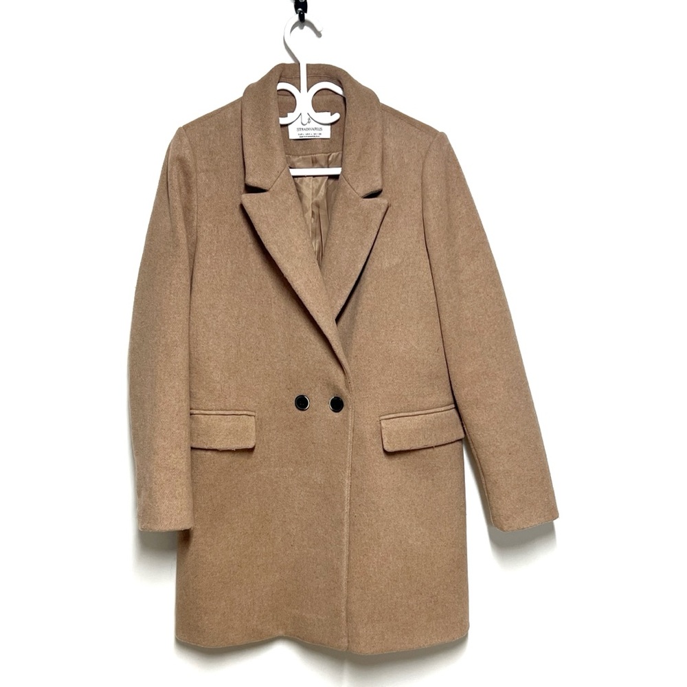 Stradivarius Tan Wool Blend Double Breasted Trench Coat Sz Womens L
